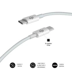 Subblim Plus USB-C Cable - 100W - Braided Nylon - 480Mbps - E-Marker Chip - 1 Metre - White