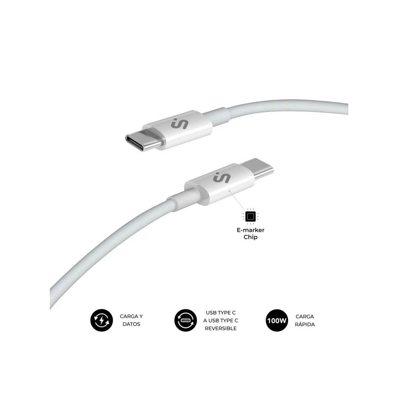 Subblim Cabo Plus USB-C - 100W - Nylon Entrançado - 480Mbps - Chip E-Marker - 1 Metro - Cor Branco