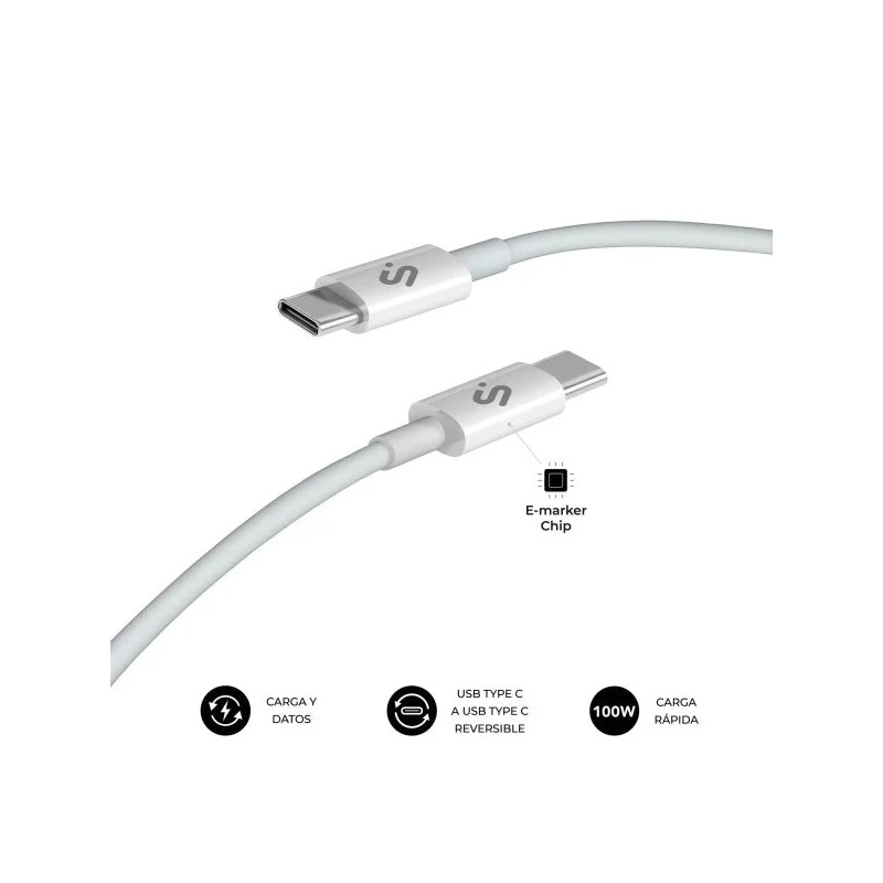 Subblim Cabo Plus USB-C - 100W - Nylon Entrançado - 480Mbps - Chip E-Marker - 1 Metro - Cor Branco
