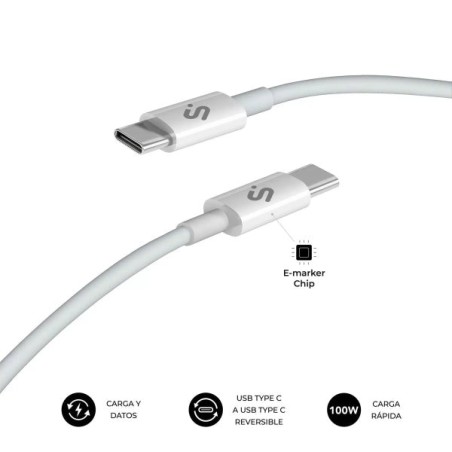 Subblim Câble Plus USB-C - 100W - Nylon Tressé - 480Mbps - Chip E-Marker - 1 Mètre - Couleur Blanc