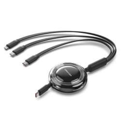 Vention Cable USB Multiple - Potencia Maxima 100W - Retractil - Longitud Ajustable hasta 1.1m - USB-A - 2xUSB-C - Lightning