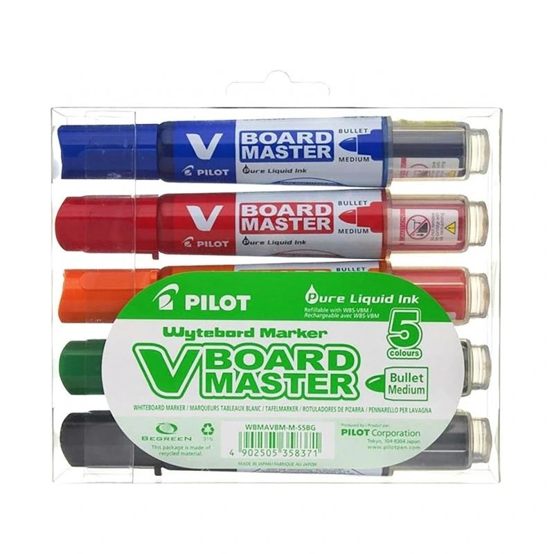 Pilot V-Board Master Begreen Pack de 5 Marcadores para Quadro Branco - Ponta Redonda 6mm - Traço 2.3mm - 91% Plástico Reciclado