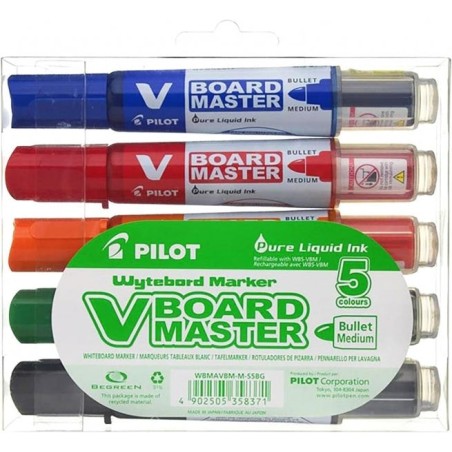 Pilot V-Board Master Begreen Pack de 5 Marcadores para Quadro Branco - Ponta Redonda 6mm - Traço 2.3mm - 91% Plástico Reciclado