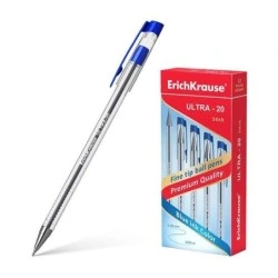 Erichkrause Stylo à Bille Ultra-20 - Pointe Métallique de Type Aiguille - Corps Rond Transparent avec Grip - Encre à Faible