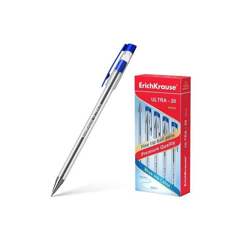Erichkrause Esferográfica Ultra-20 - Ponta Metálica do Tipo Agulha - Corpo Redondo Transparente com Pega - Tinta de Baixa