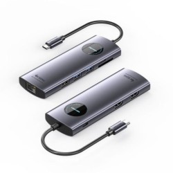 Vention Docking Station 9 em 1 USB-C a 2xHDMI/2xUSB3.0/USB 2.0/RJ45/SD/TF/PD 100W - 0.15m - Cor Cinzento