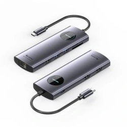 Vention Docking Station 9 em 1 USB-C a 2xHDMI/2xUSB3.0/USB 2.0/RJ45/SD/TF/PD 100W - 0.15m - Cor Cinzento