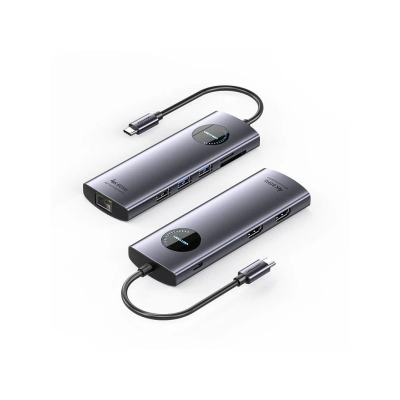 Vention Docking Station 9 em 1 USB-C a 2xHDMI/2xUSB3.0/USB 2.0/RJ45/SD/TF/PD 100W - 0.15m - Cor Cinzento