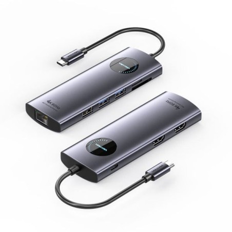 Vention 9-in-1 Docking Station USB-C to 2xHDMI/2xUSB3.0/USB 2.0/RJ45/SD/TF/PD 100W - 0.15m - Grey Colour