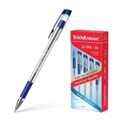 Erichkrause Ultra-30 Ballpoint Pen - Refillable with Fine Tip - Transparent Barrel with Rubber Grip - Quick-Drying Ink - Blue