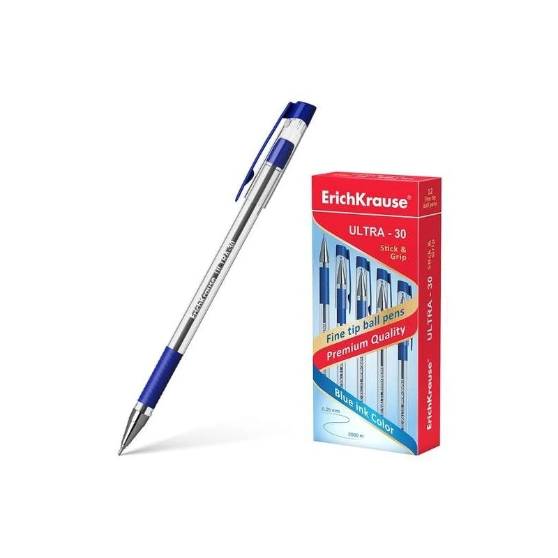 Erichkrause Esferográfica Ultra-30 - Recarregável com Ponta Fina Fine Tip - Corpo Transparente com Pega de Borracha - Tinta de