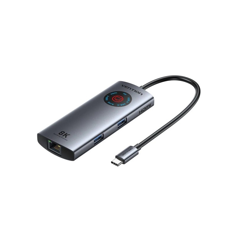 Vention Estação de Docking 6 em 1 - 100W - Cabo USB-C de 15cm Integrado - Ecrã LED - Ethernet RJ45 - 2xUSB-C - 2xUSB-A - HDMI