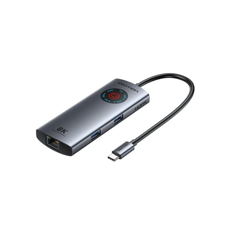 Vention Estação de Docking 6 em 1 - 100W - Cabo USB-C de 15cm Integrado - Ecrã LED - Ethernet RJ45 - 2xUSB-C - 2xUSB-A - HDMI