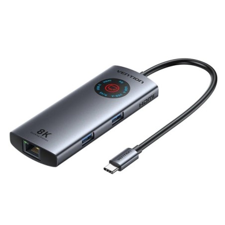 Vention Estação de Docking 6 em 1 - 100W - Cabo USB-C de 15cm Integrado - Ecrã LED - Ethernet RJ45 - 2xUSB-C - 2xUSB-A - HDMI