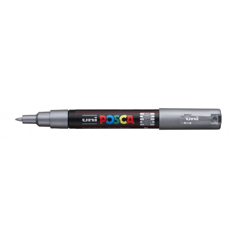 Posca PC-1M Marcador de Pintura - Ponta de Poliéster Cónica 0,7mm - Tinta à Base de Água - Resistente à Luz - Cor Prata