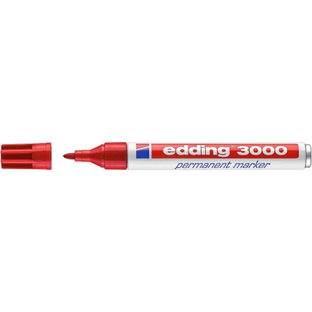 Edding 3000 Marcador Permanente - Ponta Redonda de 1.5mm - Traço entre 1.5 e 3mm - Recarregável - Secagem Rápida - Cor Vermelho