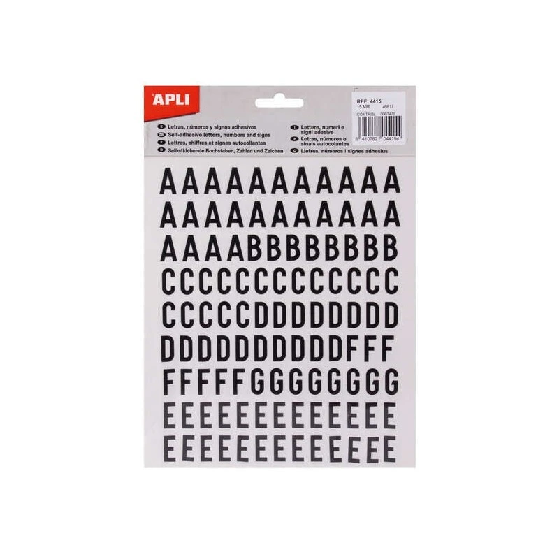 Apli Lettres Adhésives Bâton Majuscules - Hauteur 15mm - Pack de 4 Feuilles avec 468 Lettres - Couleur Noir