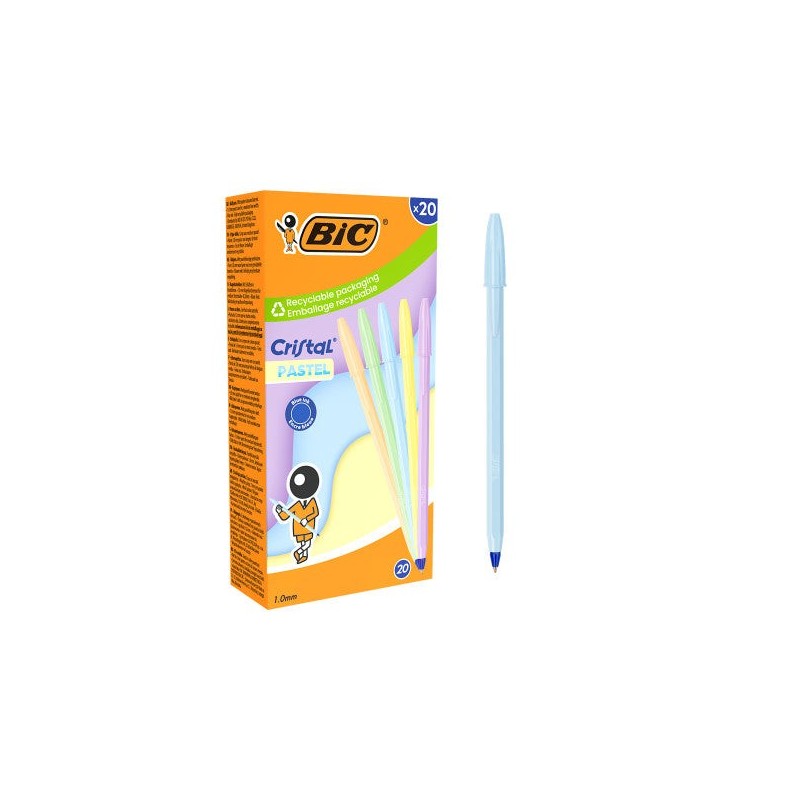 Bic Cristal Pastel Stylo à Bille - Corps Opaque en Coloris Pastel - Pointe ronde de 1mm - Trait 0.4mm - Encre à Base d'Huile