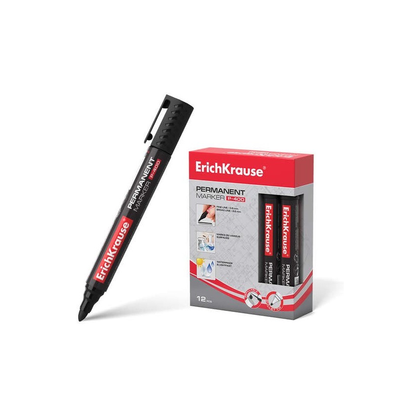 Erichkrause P-400 Permanent Marker - Bullet Tip - Resistant on Multiple Surfaces - Black