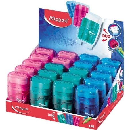 Maped Connect Duo Afilaborra de 2 Orificios con Goma de Borrar - Deposito de Gran Capacidad - Forma Ergonomica - Cuerpo