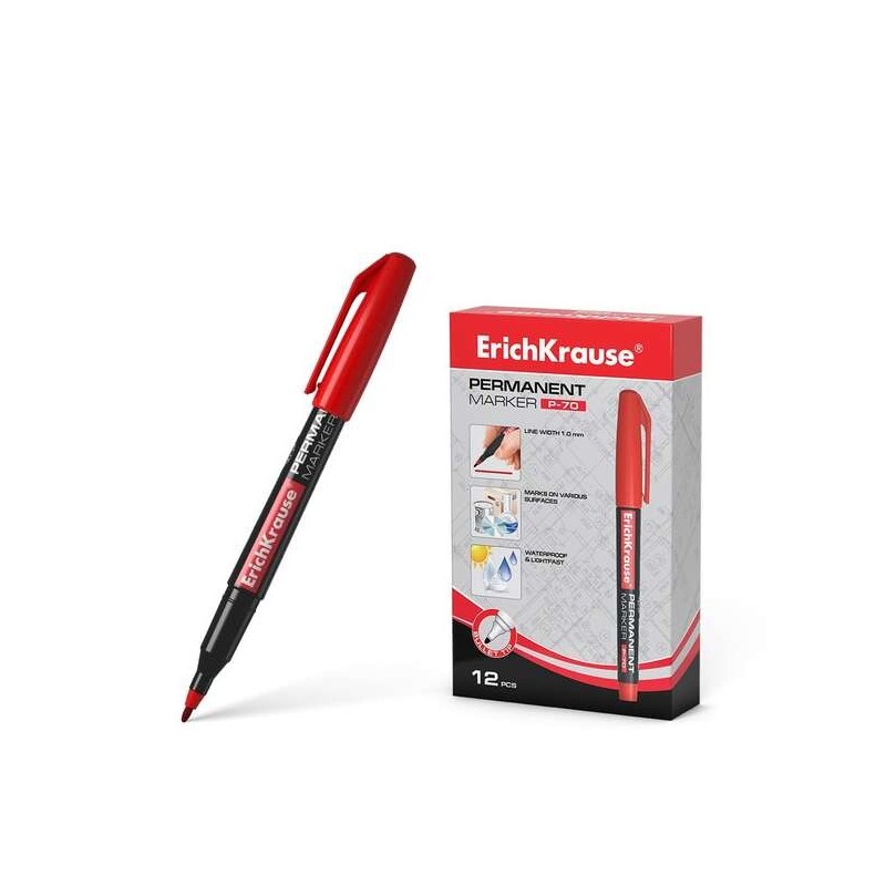 Erichkrause P-70 Permanent Marker - 1.0mm Bullet Tip - Water and Light Resistant - Red Colour