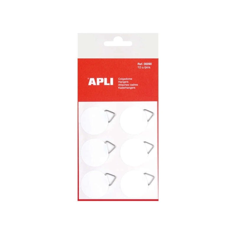 Apli Pack de 12 Colgadores Autoadhesivos Redondos Ø 30mm - Triangulo Metalico de Soporte - Base Adhesiva Blanca - Gran