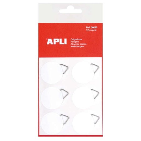 Apli Pack de 12 Colgadores Autoadhesivos Redondos Ø 30mm - Triangulo Metalico de Soporte - Base Adhesiva Blanca - Gran