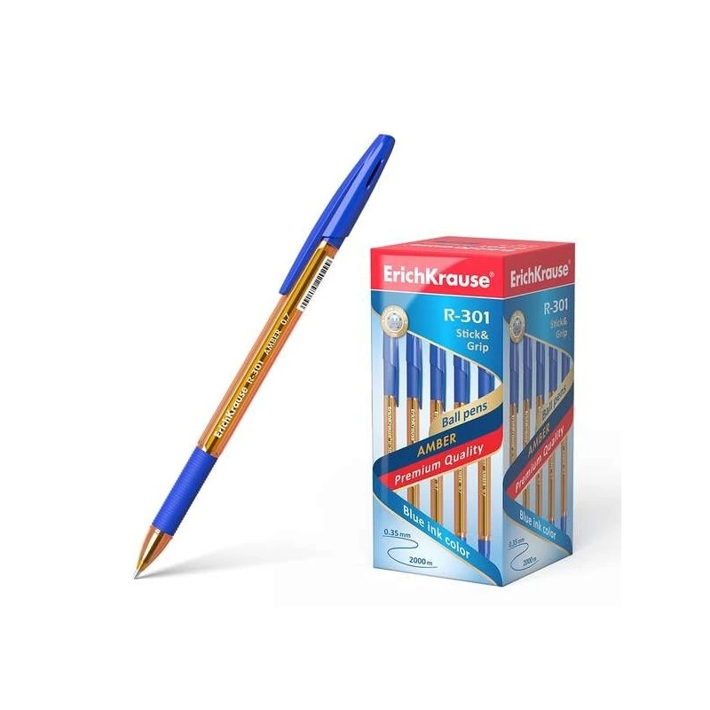 Erichkrause R-301 Amber Stick&Grip Esferográfica de Esfera Ponta 0,7mm - Traço 0,35mm - Pega com Grip de Borracha - Tinta de