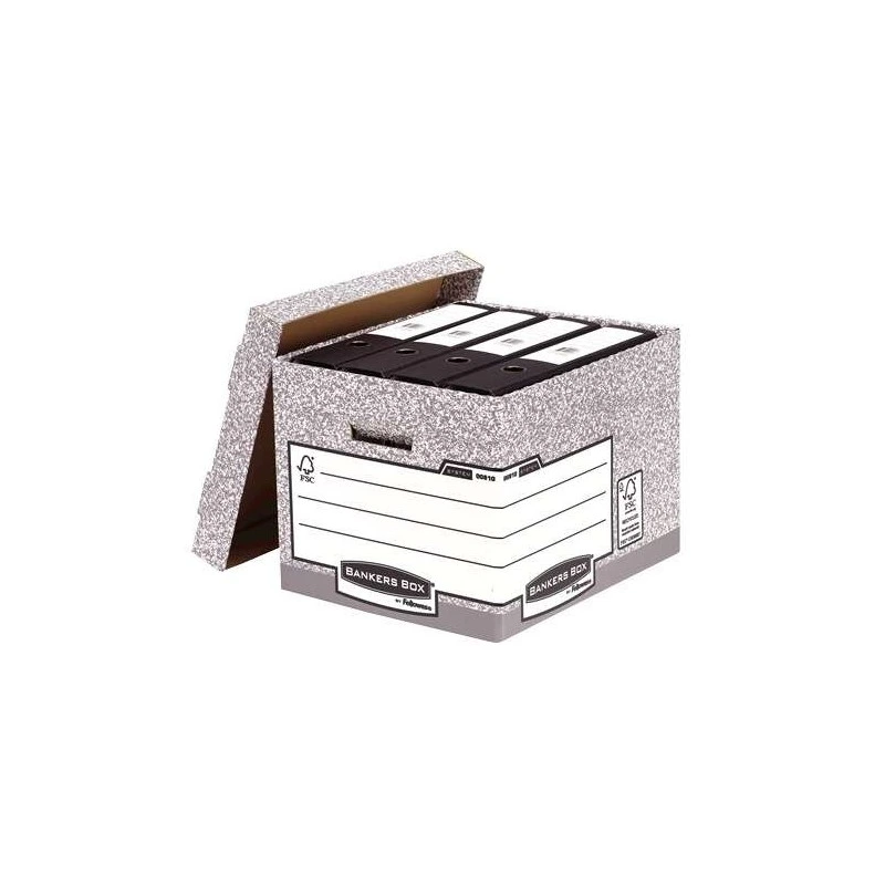 Fellowes Bankers Box Contenedor de Archivos - Montaje Automatico Fastfold - Carton Reciclado Certificacion FSC - Color Gris