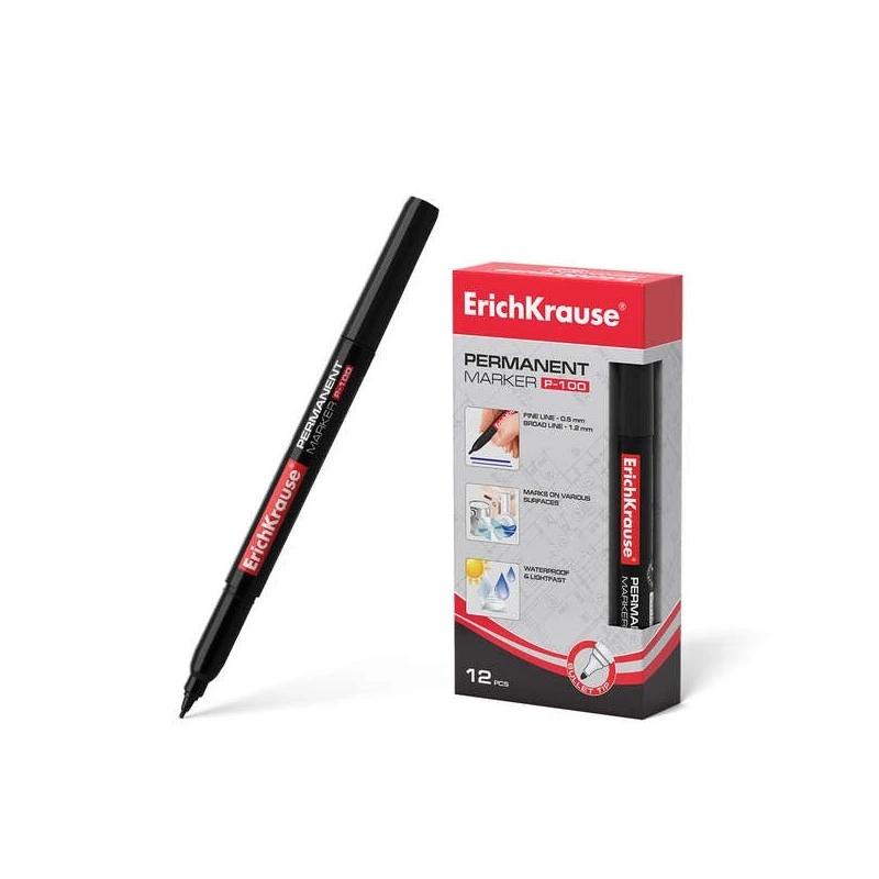 Erichkrause P-100 Permanent Marker - Fine Tip - 0.5 to 1.2mm Line Width - Water and UV Resistant - Black Colour