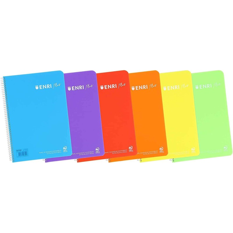 Enri Plus Cahier Spirale Format Folio Quadrillé 4x4mm - 80 Feuilles 90gr avec Marge - Couverture en Plastique - Coloris Assortis