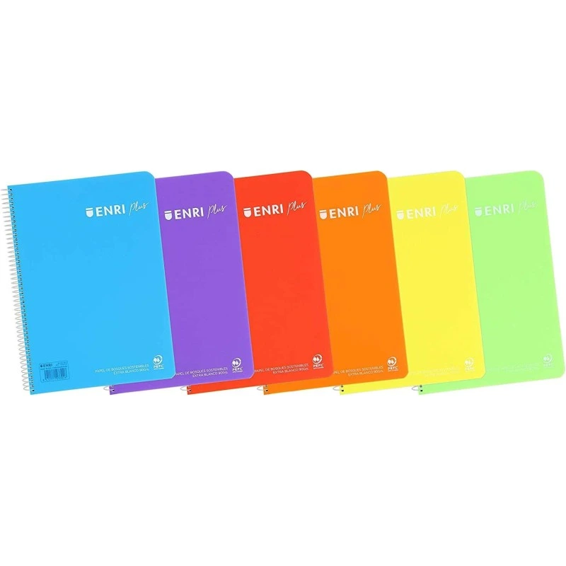 Enri Plus Cahier Spirale Format Folio Quadrillé 4x4mm - 80 Feuilles 90gr avec Marge - Couverture en Plastique - Coloris Assortis