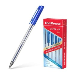 Erichkrause Stylo à Bille Ultra-10 - Pointe Métallique de Type Aiguille - Corps Hexagonal Transparent - Encre à Faible