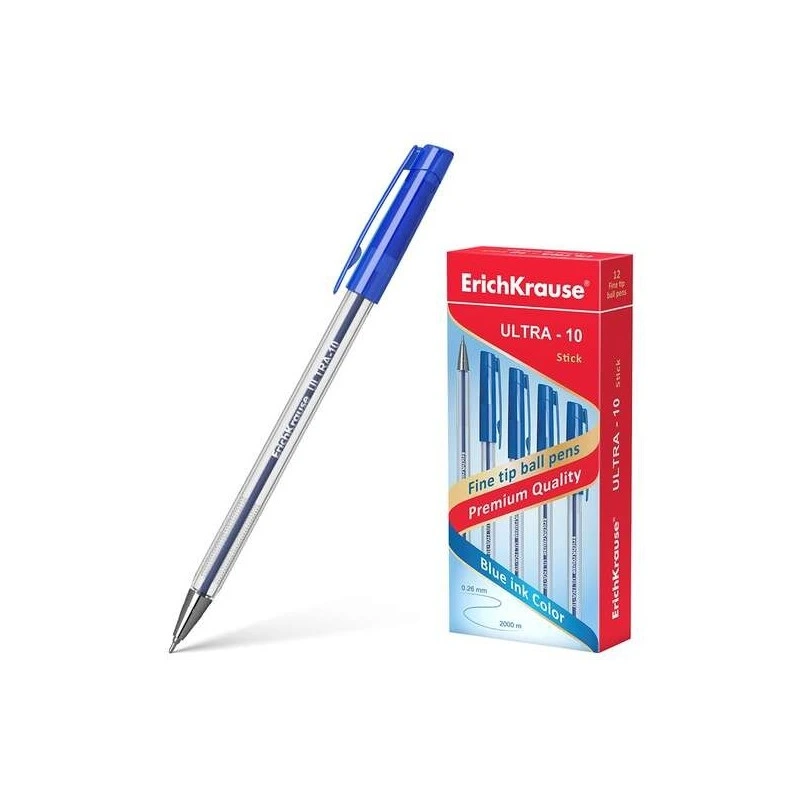 Erichkrause Ultra-10 Ballpoint Pen - Needle-Type Metal Tip - Transparent Hexagonal Barrel - Low-Viscosity Ink - Blue