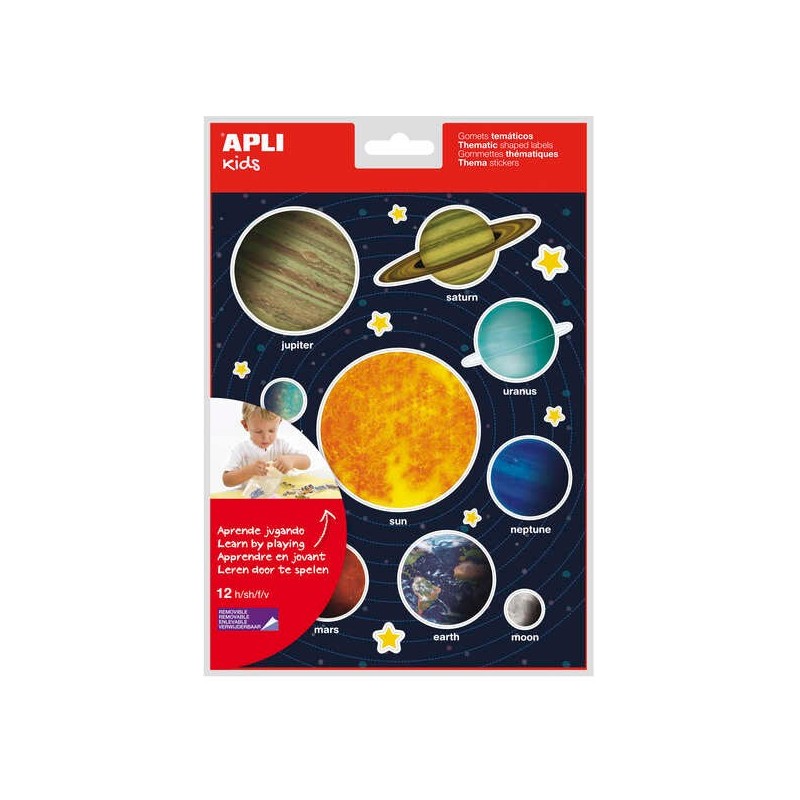 Apli Gomets Temáticos Sistema Solar - 240 Gomets em 12 Folhas - Adesivo Removível - Ideal para Aprendizagem Visual e