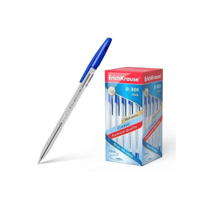 Erichkrause R-301 Ballpoint Pen 1.0mm Tip - 0.5mm Line Width - Quick-Drying Ink - Transparent Barrel - Vented Cap - Blue