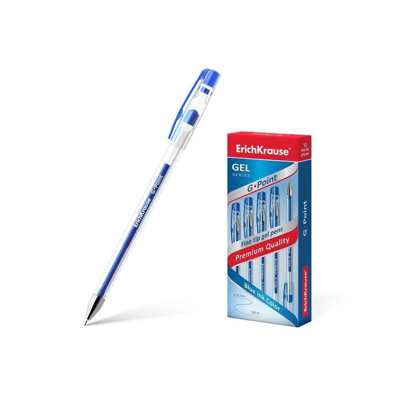 Erichkrause G-Point Gel Ballpoint Pen - 0.38mm Needle Tip - Quick-Drying Gel Ink - Transparent Body - Blue Colour