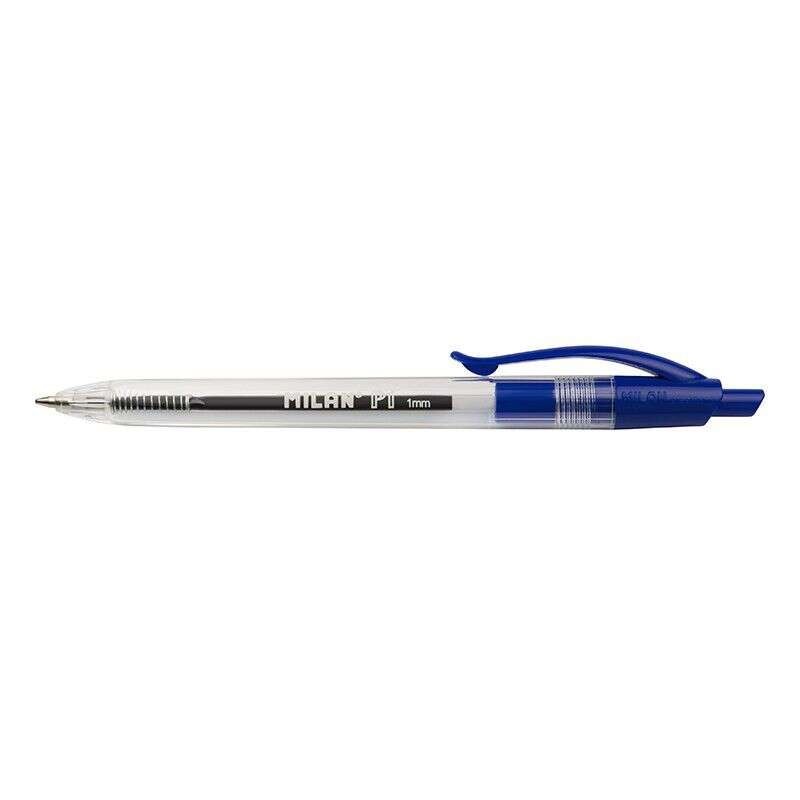 Milan P1 Retractable Ballpoint Pen - 1mm Round Tip - Transparent Body - Blue