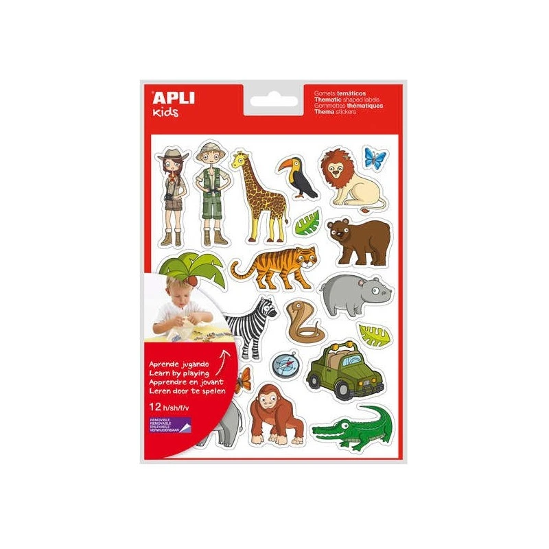 Apli The Jungle Themed Sticker Bag - 252 Stickers on 12 Sheets - Removable Adhesive - Ideal for Schools - Meets EN-71 and FSC