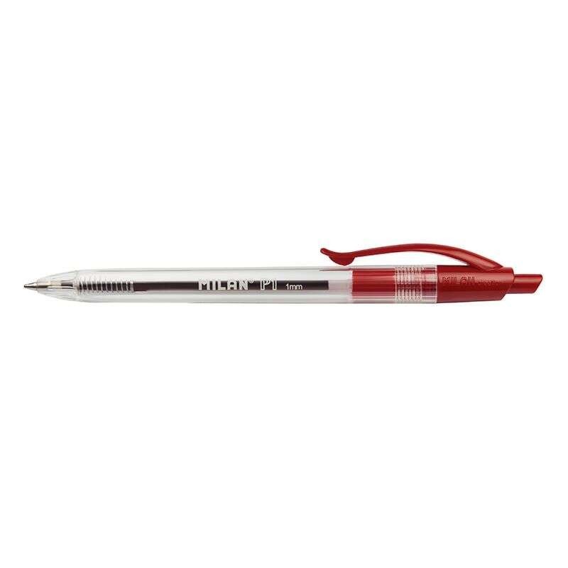 Milan P1 Retractable Ballpoint Pen - 1mm Round Tip - Transparent Body - Colour Red