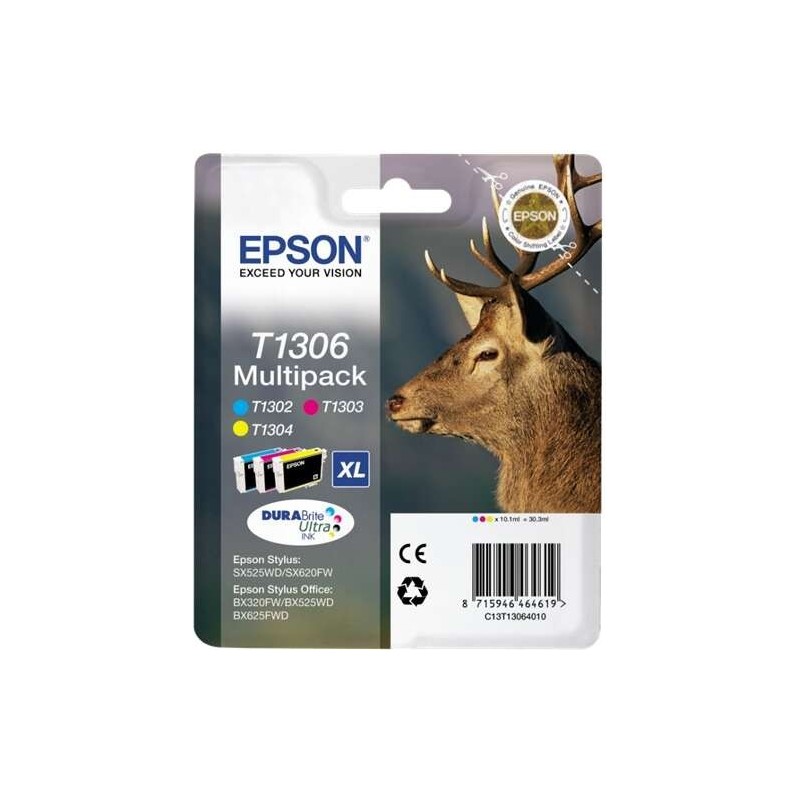 Epson T1306 Pack de 3 Cartouches d'Encre Originales - Cyan, Magenta, Jaune - C13T13064012