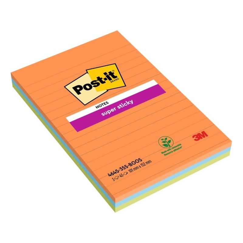 Post-It Super Sticky Pack of 3 Pads of 45 Repositionable Adhesive Notes - Rectangular Shape - 101x152mm - Assorted Colours