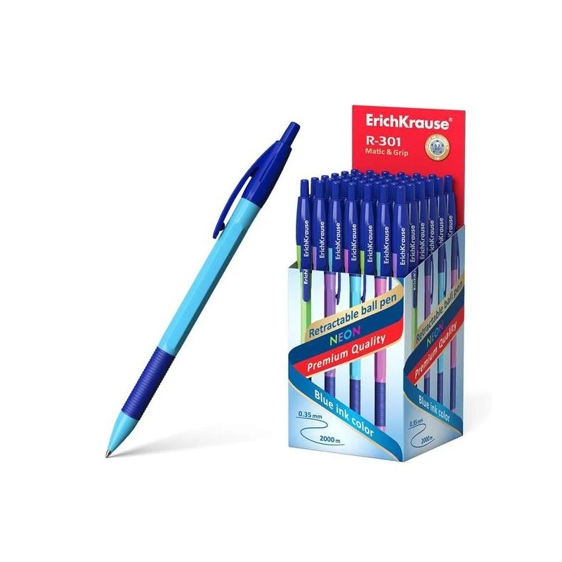 Erichkrause R-301 Neon Matic&Grip Retractable Ballpoint Pen - 0.7mm Tip - Line Width approx. 0.35mm - Quick-Drying Ink