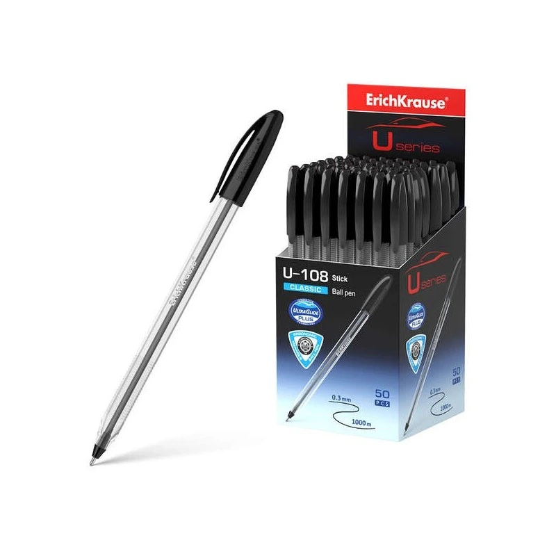 Erichkrause U-108 Classic Ballpoint Pen - 1.0mm Ball Tip - 0.3mm Line Width - Vented Cap - Ultra Glide Technology - Black