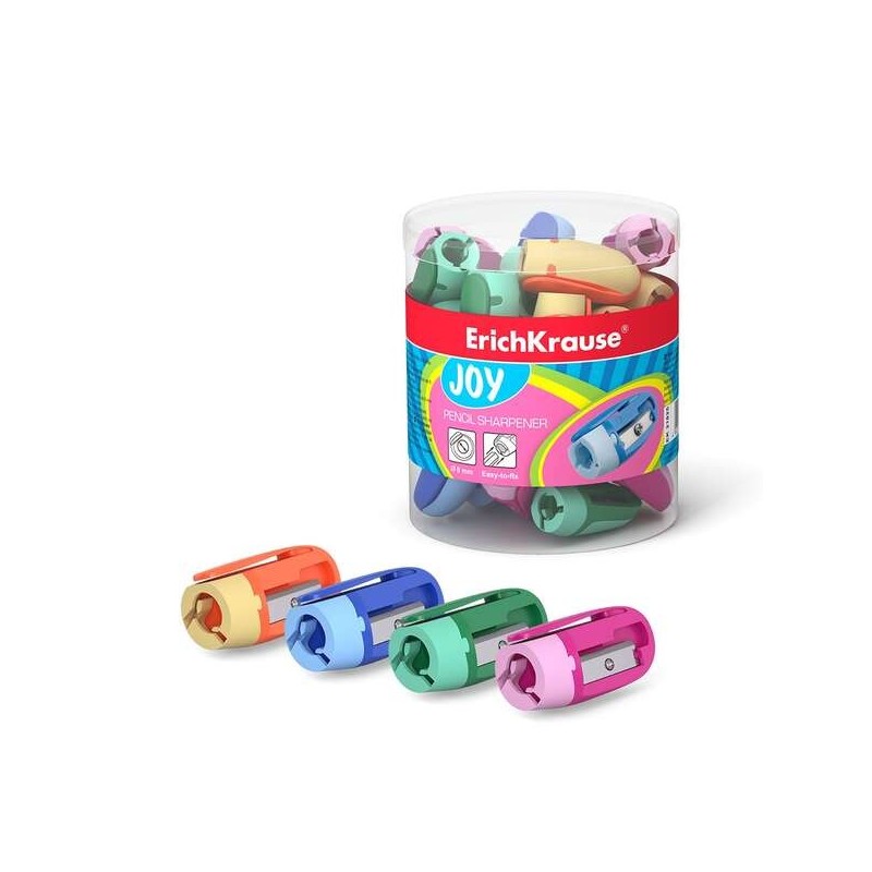 Erichkrause Joy Sacapuntas de Plastico - 1 Orificio de 8mm - Cuchilla de Acero al Carbono en Forma de Espiral - Clip de