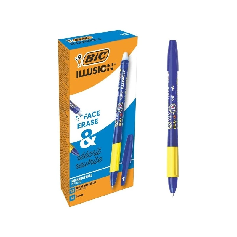 Bic Illusions Boligrafo Borrable - Punta Media de 0.7mm - Grip de Goma - Recargable - Color Azul