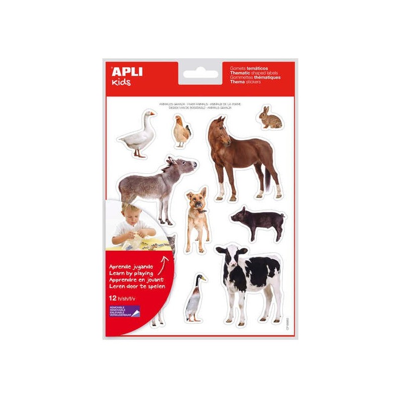 Apli Gommettes Thématiques Réalistes Animaux de la Ferme - 144 Gommettes en 12 Feuilles - Adhésif Repositionnable - Idéal pour