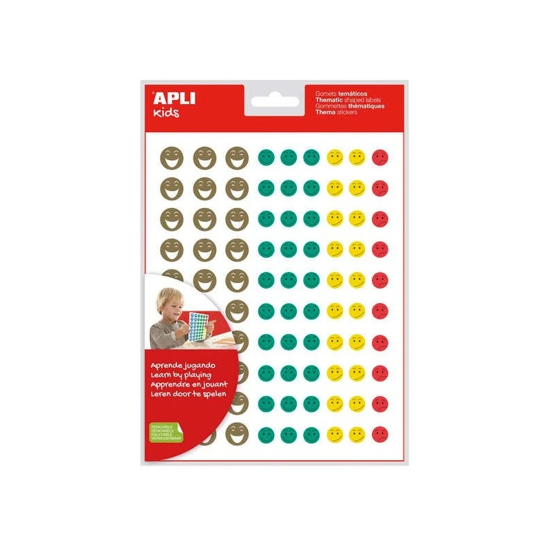Apli Gomets Cara Feliz Mini - 4 Estilos de Cara Diferentes - 1080 Gomets por Saco - Adesivo Removível - Motiva e Premeia as