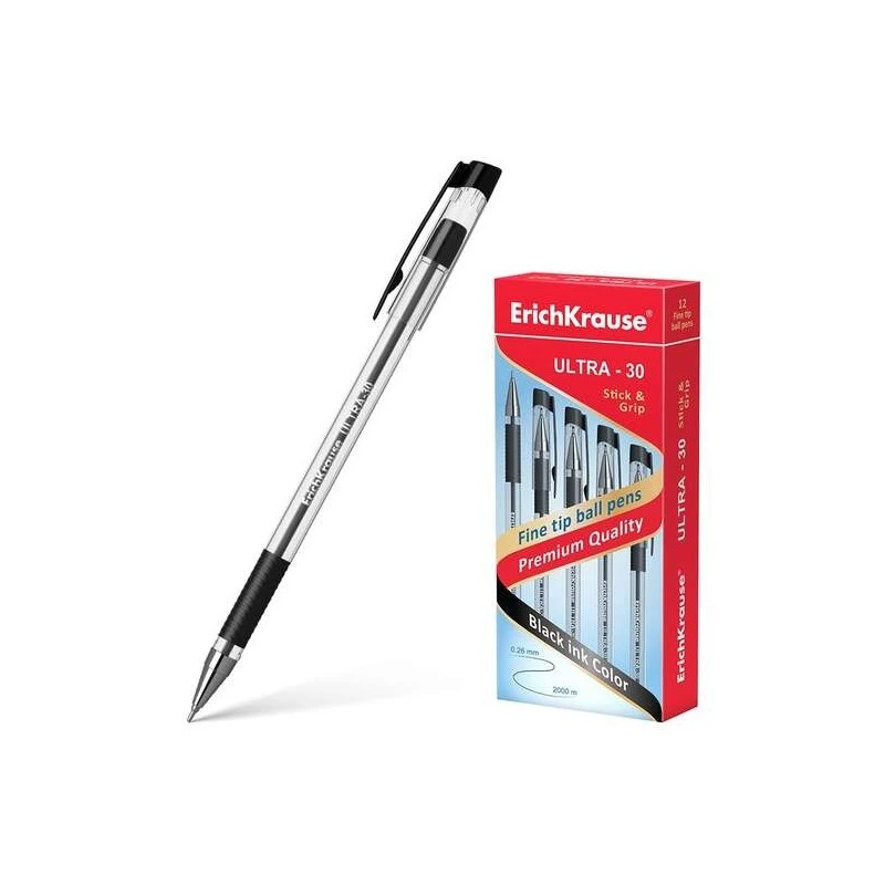 Erichkrause Stylo à Bille Ultra-30 - Rechargeable avec Pointe Fine Fine Tip - Corps Transparent avec Grip en Caoutchouc - Encre