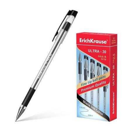 Erichkrause Esferográfica Ultra-30 - Recarregável com Ponta Fina Fine Tip - Corpo Transparente com Pega de Borracha - Tinta de